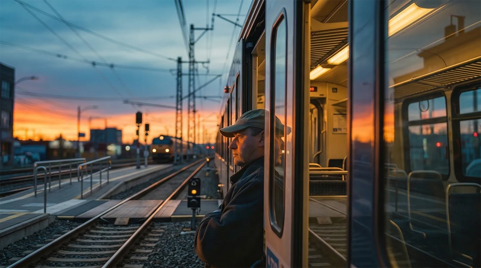 Trabajador del sector ferroviario apoyado en la puerta de un tren al atardecer